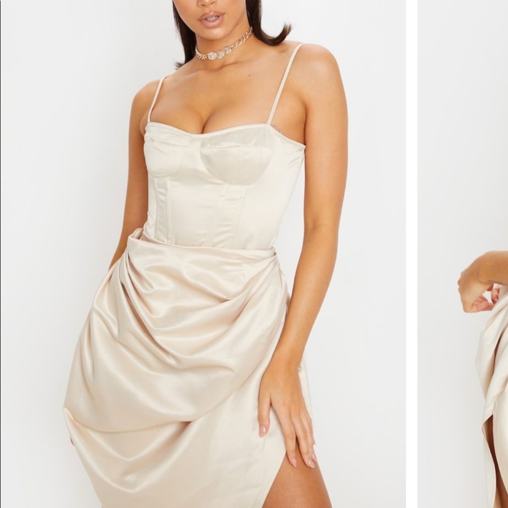 Cream Satin Woven Ruched Side Midi Skirt